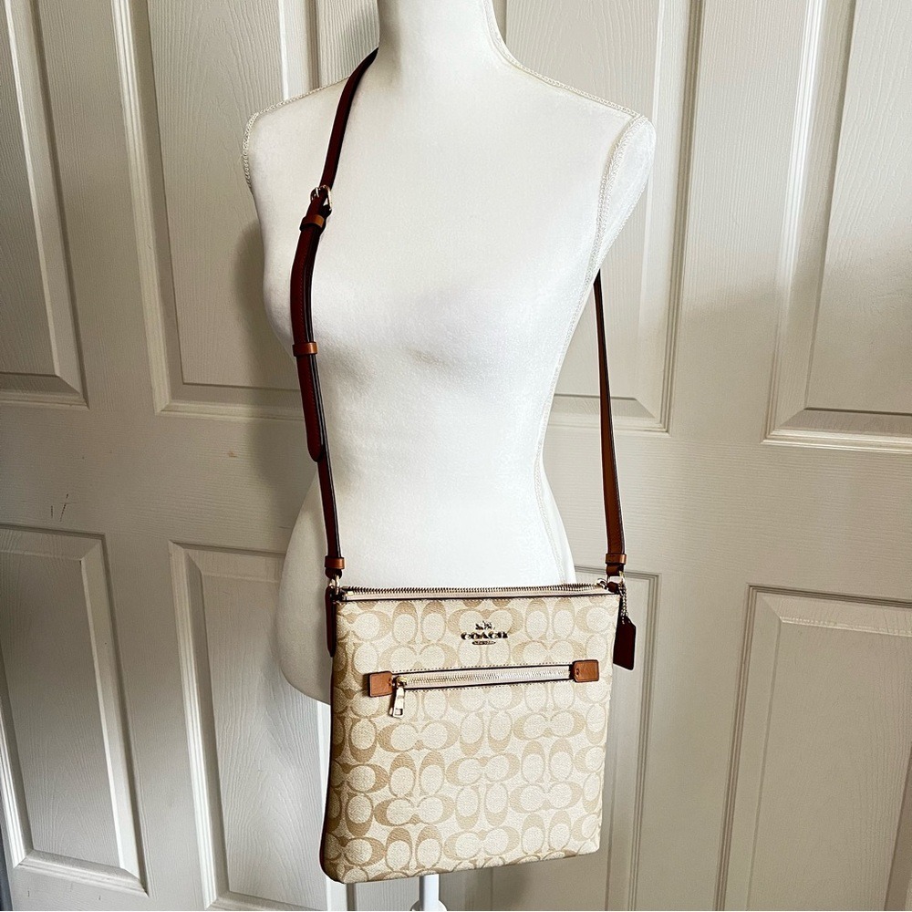 Coach Rowan File Bag Signature Canvas Crossbody Khaki Saddle C1554 - Picture 2 of 14
